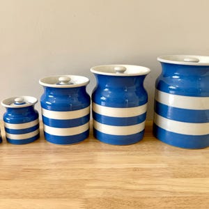 Vintage T.G. Green Cornish Ware Blue and White Striped Canister Set with Shaker