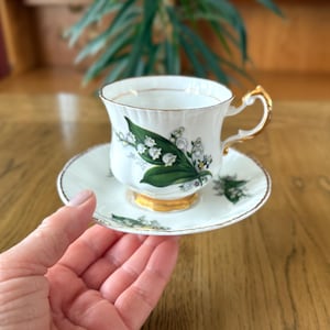 Vintage Lubern England Bone China Teacup & Saucer, Lily of the Valley, 22K Gold Accented
