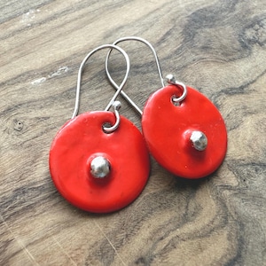 Handmade Red Enamel Copper Earrings with Sterling Silver Balls and Hooks, Artisan Jewellery