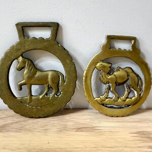 2 Vintage Brass Horse Medallions with Camel & Horse Equestrian Decor Collectible Harness