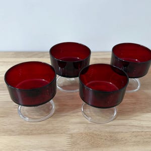 4 Vintage Ruby Red Footed Glasses, French Glassware, Dessert Wine Cocktail Glasses, Retro Stemware, France