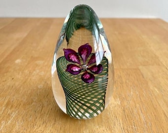 Signed Vandermark Art Glass Paperweight, Purple Flower, Teardrop Sculpture