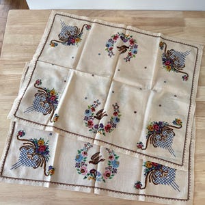 Set of 2 Handmade Cross Stitch Linens – Floral Table Mats / Doilies / Runners – Vintage Charm