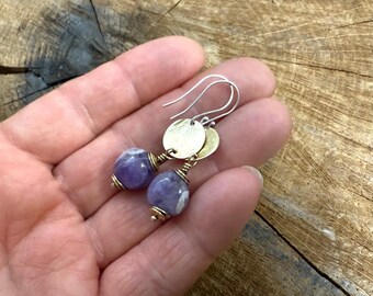 Handmade Amethyst Dangle Earrings | Sterling Silver & Brass | Artisan Gemstone Mixed Metal Jewellery