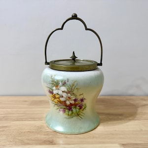 Antique Austrian Porcelain Floral Biscuit Barrel, Cookie Jar, Container with EPNS Lid and Handle, Royal Wettina