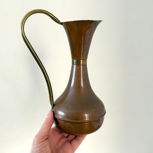 Vintage Copper Pitcher Vase with Brass Handle , Decorative Jug with Patina, Tall & Slim, Rustic Home Decor