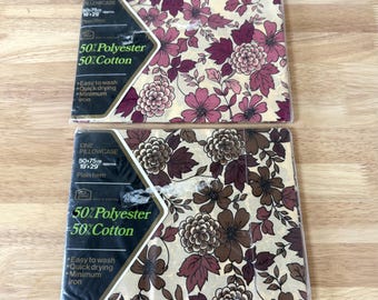 2 Vintage 70s Floral Pink & Brown Pillowcases 19 x 29" NOS, Made in Portugal