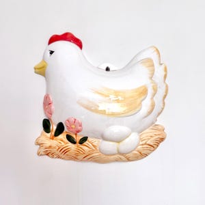 Vintage 3D Hand Painted White Ceramic Hen Wall Plaque, Farmhouse Kitchen Decor