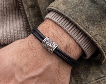 Black Suede Leather Celtic Triquetra Bracelet, Irish Knot Wrap Bracelet, Gift for Him