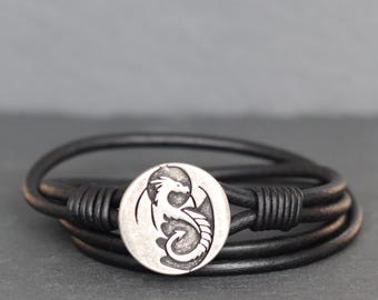 Mens Leather Wrap Dragon Bracelet, Black Leather Cuff, Birthday Gift for Him