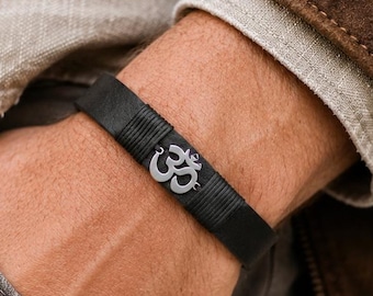 Spirituele Om-armband, zwarte leren armband, yoga-sieraad, meditatiecadeau voor hem en haar.