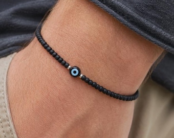 Black Beaded Evil Eye Bracelet for Men, Spiritual Protection Jewelry, Gift for Him