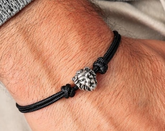 Mens Lion Bracelet, Adjustable Black Cord with Lion Head Charm, Gift for Him, Mens Jewelry