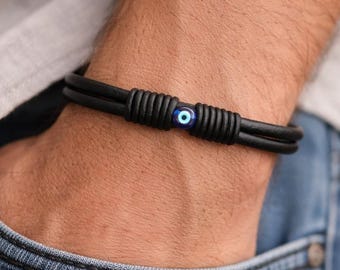 Black Leather Evil Eye Bracelet, Leather Cuff Protection Jewelry, Gift for Him