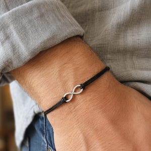 Black String Infinity Bracelet, Adjustable Mens Friendship Bracelet, Anniversary Gift for Him