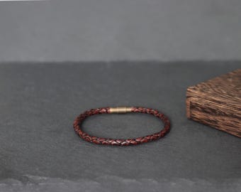 Rustic Brown Thin Braided Leather Bracelet, Unisex Boho Leather Jewelry