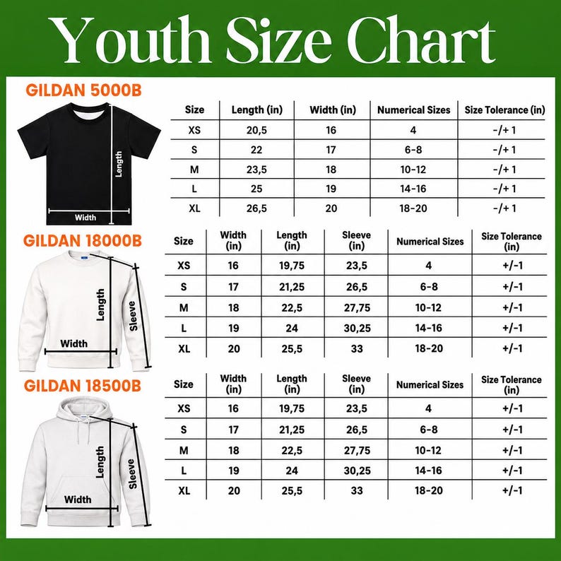 Peut inclure: Un tableau des tailles pour jeunes pr&eacute;sentant trois illustrations de v&ecirc;tements : un t-shirt noir &eacute;tiquet&eacute; Gildan 5000B, un sweat-shirt blanc Gildan 18000B et un sweat &agrave; capuche blanc Gildan 18500B, avec des tableaux de mesures en pouces.