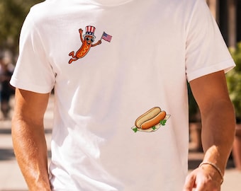 Hotdog Freedom Dive Funny Uncle Sam Hot Dog Jumping Into Bun T-Shirt, Funny Hot Dog Jumping Into Bun, USA Flag BBQ Graphic Shirt