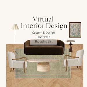 Puede incluir: Concepto de diseño de interiores virtual con un sofá marrón, dos sillones blancos con brazos de madera, una mesa de centro redonda y una mesa auxiliar. La imagen incluye una planta y una lista de compras, con el texto "Virtual Interior Design".