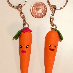 May include: Two orange carrot keychains with faces. One carrot has a pink flower on top and the other has a green leaf. Both carrots have black eyes and a mouth. The keychains are attached to silver key rings.