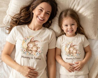 Custom Mommy and Me Shirts Family Photo Shirts Personalized Bunny Matching Outfits Easter Bunny Watercolor First Mothers Day Gift Name Shirt