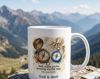 Personalisierter Kompassbecher für Papa, individuelles Vatertagsgeschenk, Kaffeetasse für Abenteuer-Papas, Geschenk für Wanderfreunde in den Bergen, Becher „Der wahre Norden“ für Vater und Sohn