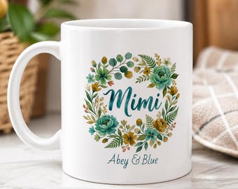 Personalisierte Mimi-Tasse mit den Namen der Enkelkinder, individuelle Mimi-Kaffeetasse, Muttertagsgeschenk für Mimi, Aquarell-Familie, die Händchen hält, Mimi-Geburtstag