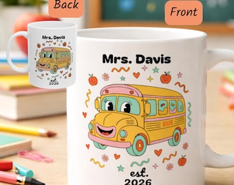 Custom Teacher Mug Personalized School Bus Teacher Gift Retro Groovy Teacher Appreciation Gift End of School Year Gift Mrs Davis Teacher Mug