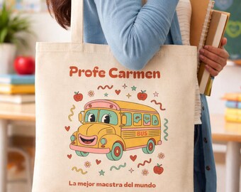 Custom Teacher Tote Bag Personalized School Bus Teacher Gift Retro Groovy Teacher Appreciation Bag End of School Year Gift