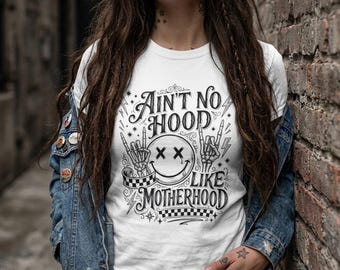 Ain't No Hood Like Motherhood Shirt Smiley Face Skull Tee Hand Bra Shirt Rock Emo Club Aesthetic Edgy Streetwear Goth Minimalist Flower Edgy