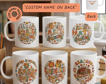 Personalized Teacher Gift Mug Retro Groovy English Science Math Art SPED Kindergarten Teacher Appreciation Gift Custom Name End of Year Mug