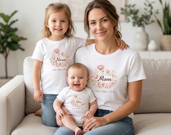 Personalisierte Blumen-Shirts für Mutter und Kind, individuelles Muttertagsgeschenk, Baby-Body mit Aquarellblumenmuster, Partnerlook-Shirts für Mutter und Tochter, Kindernamen