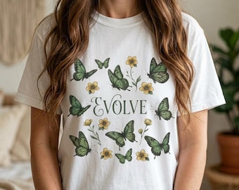 Evolve Butterfly Shirt Cottagecore Green Butterfly Tee Vintage Nature Aesthetic Boho Wildflower Botanical Art Nature Lover Flower Garden