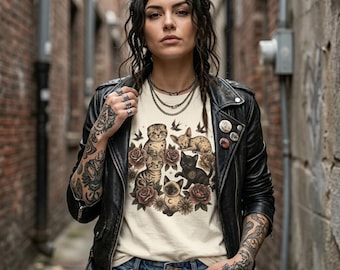 Vintage Tattoo Cat Shirt Floral Kitten Tee Cottagecore Cat Lover Gift Aesthetic Botanical Cats Graphic Shirt Retro Traditional Tattoo Mama