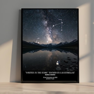 Puede incluir: Impresión enmarcada que presenta un cielo nocturno con constelaciones sobre un lago de montaña. Se muestra el texto "WRITTEN IN THE STARS" y "ESCRITO EN LAS ESTRELLAS", junto con nombres y una fecha. La impresión está sobre una superficie blanca.