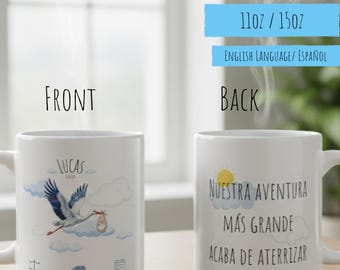 Personalised Baby Birth Stats Mug, Watercolor Stork Gift, New Parents Present, Christening Keepsake, Custom Newborn Name Weight Date Mug
