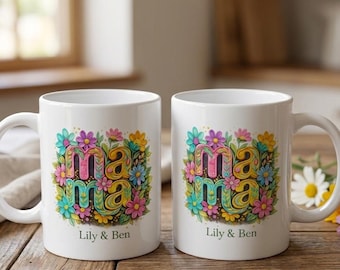 Bunte, florale Mama-Tasse, personalisiertes Muttertagsgeschenk, botanische Garten-Kaffeetasse, farbenfrohe Mama-Tasse im ästhetischen Stil, personalisierbar mit Kindernamen, Geburtstagsgeschenk