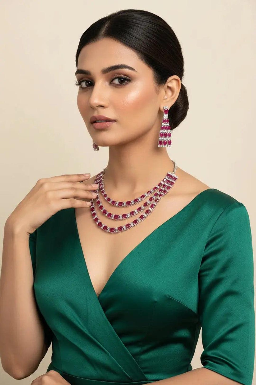 Red Hydrostone 3-layer CZ & Red Hydrostone Necklace Set With Long Earrings | Party ...