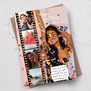 Könnte beinhalten: Geburtstagskarte mit einem Foto einer feiernden Frau, Konfetti und dem Text "Happy Birthday McKenna! 27". Die Karte zeigt auch einen Filmstreifen mit vier Fotos und eine Nachricht mit der Aufschrift "Love you and hope you get everything you want for your birthday! <3".