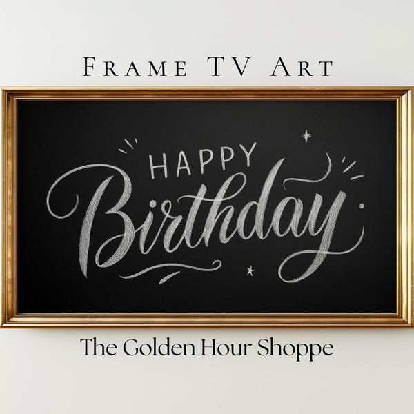 Minimal Happy Birthday Frame TV Art, Chalkboard Birthday Decor, Classic Black and White Digital Artwork