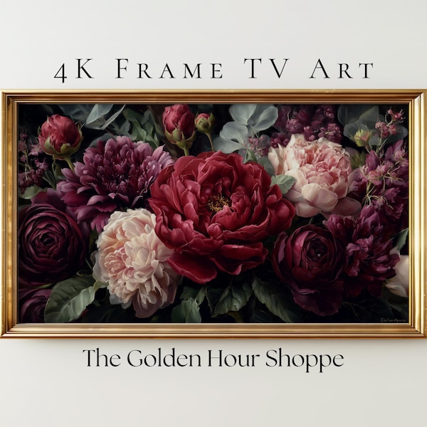 Dark Rose and Peony Frame TV Art, Floral Oil Painting, Digital Artwork Download