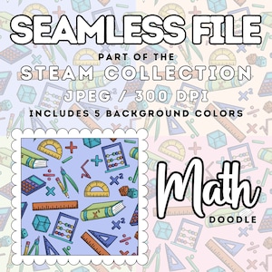 Può includere: Uno schema senza cuciture che presenta una varietà di scarabocchi legati alla matematica, tra cui righelli, goniometri, bussole, dadi, abachi e libri. Lo sfondo è di colore azzurro chiaro. Il testo "Math Doodle" è scritto in un carattere grande e stilizzato.