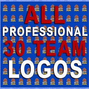 May include: A blue background featuring a repeating pattern of small orange basketball icons with the text "BASKETBALL" underneath each. Large, bold, red and white text overlays the pattern, reading "ALL PROFESSIONAL 30 TEAM LOGOS".