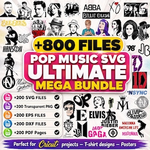 Könnte beinhalten: Eine digitale Sammlung von über 800 Dateien zum Thema Popmusik, einschließlich SVG-, PNG-, EPS-, DXF- und PDF-Formaten. Die Grafik zeigt verschiedene schwarz-weiße Illustrationen berühmter Musiker, Bandlogos und Textbeschriftungen.