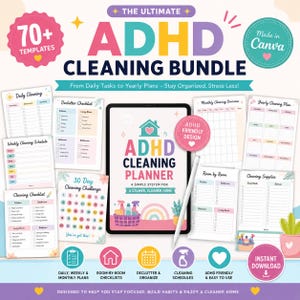 Könnte beinhalten: Ein digitales ADHS-Reinigungs-Set mit über 70 Vorlagen, darunter tägliche, wöchentliche und jährliche Reinigungspläne, Checklisten und eine 30-Tage-Challenge. Das zentrale Tablet zeigt einen ADHS-Reinigungsplaner mit einem Haus-Symbol.