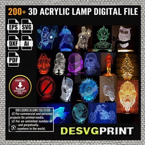 Op de afbeelding: Een digitale bestandscollectie voor 3D-acryllampen met meer dan 200 ontwerpen, waaronder superhelden, sciencefictionfiguren, dieren en vakantiethema's. Inclusief EPS-, SVG-, DXF-, Ai- en PDF-formaten voor commercieel en persoonlijk gebruik.