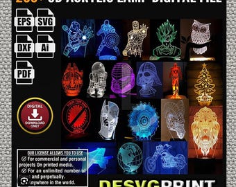 200+ 3D Illusion Acrylic Lamp SVG Bundle | Laser Cut Files | DXF AI | Vector Designs | led Night Lamp | cnc router files | Digital Download