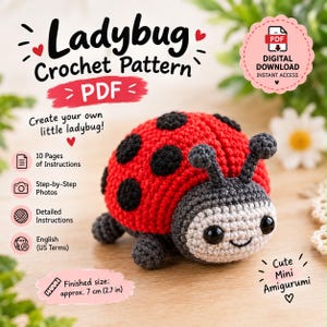 May include: A crochet ladybug amigurumi with a red body, black spots, and a light gray head featuring black eyes. Text includes Ladybug Crochet Pattern, PDF, 10 Pages of Instructions, Step-by-Step Photos, English US Terms, and Finished size approx. 2.7 inches.