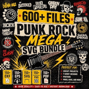 May include: A digital graphic featuring a black electric guitar and yellow lightning bolts on a black background. Text reads 600+ FILES PUNK ROCK MEGA SVG BUNDLE. Includes logos for bands like Blink-182, Sex Pistols, Green Day, and Misfits with file formats.