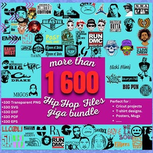 Könnte beinhalten: Eine digitale Sammlung von über 1.600 Grafikdateien zum Thema Hip-Hop mit verschiedenen Künstlerlogos, Porträts und Textdesigns in Schwarz auf hellblauem Hintergrund, mit einem zentralen magentafarbenen Kasten mit dem Text more than 1 600 Hip Hop Files giga bundle.